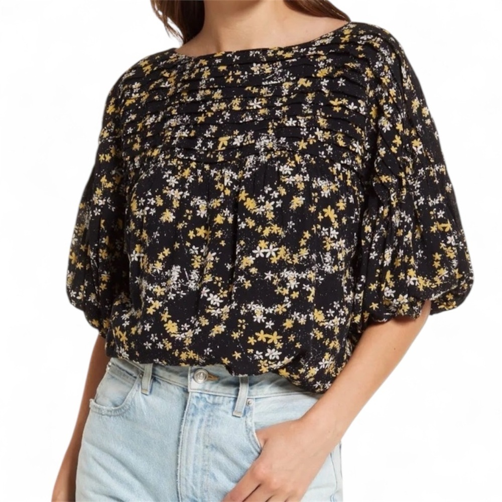 Free People Floral Pleated Bodysuit Boho Puff Sleeve Keyhole Back Blouse XS